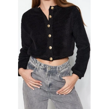 Kadın Modern Tarz Rahat Uzun Düğmeli Yaka Düz Kol Crop Peluş Crop Örme Hırka