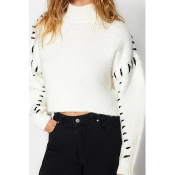 Kadın Modern Tarz Rahat Uzun Dik Yaka Renk Bloklu Kol Crop Triko Kazak