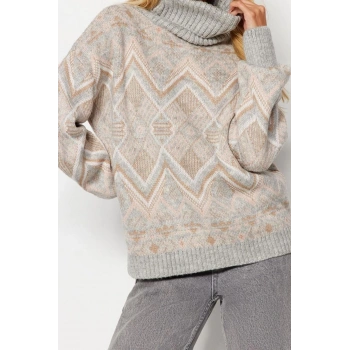 Kadın Modern Tarz Rahat Uzun Balıkçı Yaka Etnik Kol Regular Triko Kazak