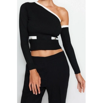 Kadın Modern Tarz Rahat Uzun Kayık Yaka Renk Bloklu Kol Crop Triko Kazak