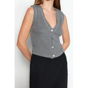 Kadın Modern Tarz Rahat Uzun V Yaka Düz Kol Regular Triko Yelek