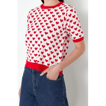 Kadın Modern Tarz Rahat Kısa Bisiklet Yaka Kalp Kol Regular Triko Kazak