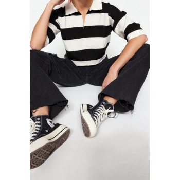 Kadın Modern Tarz Rahat Truvakar Kol Polo Yaka Çizgili Kol Crop Triko Kazak