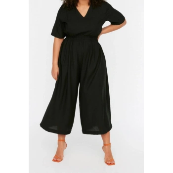 Büyük Beden Kadın Moda Standart Kol Geniş Paça V Yaka Düz Desen Uzun Bel Detaylı Tulum