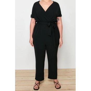 Büyük Beden Kadın Moda Düşük Kol Regular Kruvaze Düz Desen Uzun Kemerli Tulum