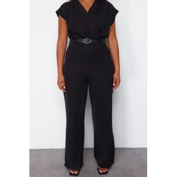 Büyük Beden Kadın Moda Standart Kol Regular Bisiklet Yaka Düz Desen Uzun Kemerli Dokuma Tulum