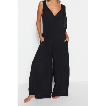 Kadın Moda Kalın Askılı Boru Paça V Yaka Düz Desen Uzun Dokuma Büzgülü %100 Pamuklu Tulum