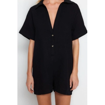 Kadın Moda Standart Kol Boru Paça Hakim Yaka Kısa Geniş Kalıp Dokuma Müslin %100 Pamuklu Tulum