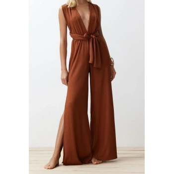 Kadın Moda Standart Kol Geniş Paça V Yaka Düz Desen Uzun Kahverengİ Dokuma Bağlamalı Tulum