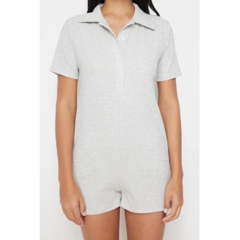 Kadın Moda Boru Paça Gömlek Yaka Solid Desen Kısa Waffle Düğme Detaylı Gömlek Yaka Örme Tulum