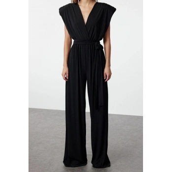 Kadın Moda Standart Kol Geniş Paça Kruvaze Düz Desen Regular V Yaka Kuşaklı Örme Tulum