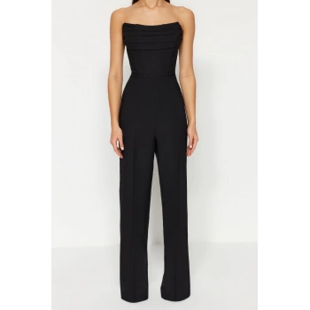 Kadın Moda Standart Kol Geniş Paça Straplez Düz Desen Regular Korse Detaylı Dokuma Tulum