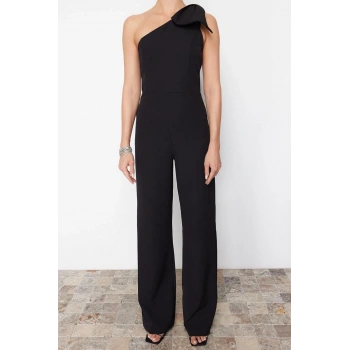 Kadın Moda Tek Kol Geniş Paça Asimetrik Yaka Düz Desen Regular Fiyonk Detaylı Tek Kol Dokuma Tulum