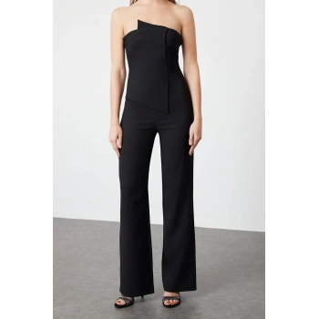 Kadın Moda Standart Kol Boru Paça Straplez Düz Desen Uzun Yaka Detaylı Dokuma Tulum