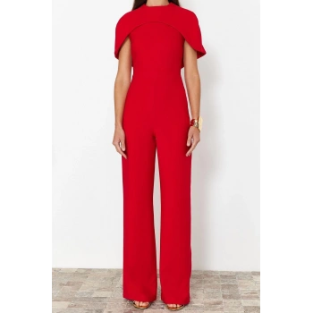 Kadın Moda Standart Kol Geniş Paça Bisiklet Yaka Düz Desen Regular Pelerin Detaylı Dokuma Şık Tulum