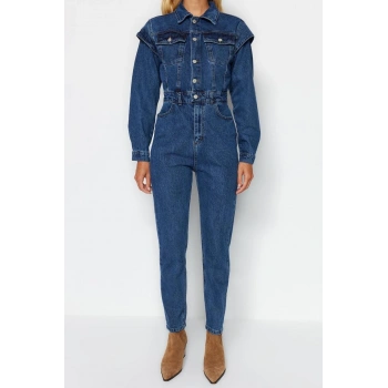 Kadın Moda Standart Kol Dar Paça Ceket Yaka Regular Dikiş Detaylı Denim Tulum