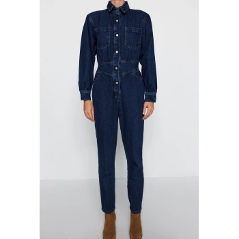 Kadın Moda Standart Kol Dar Paça Ceket Yaka Düz Desen Uzun Balon Kollu Denim Tulum