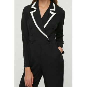 Kadın Moda Standart Kol Boru Paça Ceket Yaka Düz Desen Uzun Düğmeli Dokuma Tulum