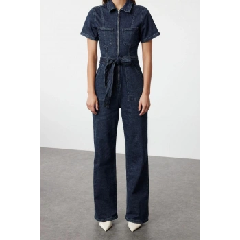 Kadın Moda Standart Kol Geniş Paça Gömlek Yaka Düz Desen Uzun Kuşaklı Denim Tulum