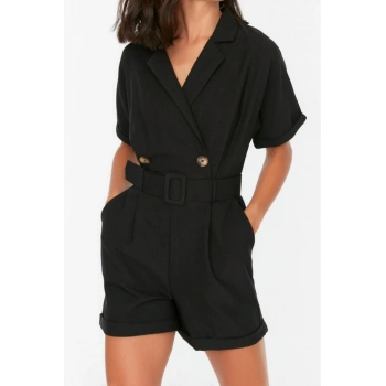 Kadın Moda Standart Kol Geniş Paça Kruvaze Düz Desen Kısa Kemerli Kurvaze Yaka Mini Dokuma Tulum