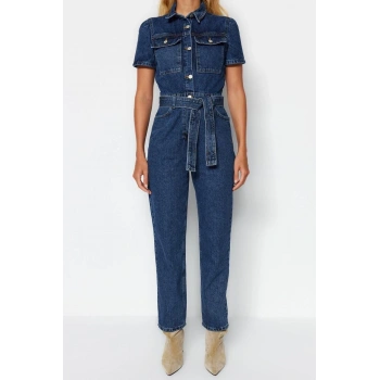 Kadın Moda Standart Kol Boru Paça Ceket Yaka Düz Desen Uzun Kemerli Denim Tulum