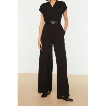 Kadın Moda Standart Kol Geniş Paça Kruvaze Uzun Kemerli Kruvaze Yaka Geniş Paça Dokuma Tulum