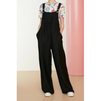 Kadın Moda Standart Kol Geniş Paça Kare Yaka Uzun Jile Form Keten Görünümlü Bol Paça Dokuma Tulum