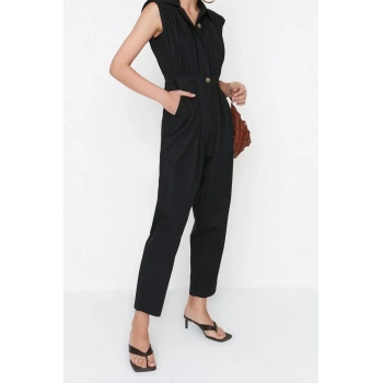 Kadın Moda Standart Kol Geniş Paça Gömlek Yaka Maxi Gömlek Yaka Kolsuz Gabardin Dokuma Tulum