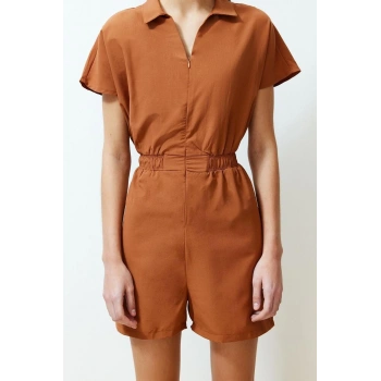 Kadın Moda Standart Kol Geniş Paça Gömlek Yaka Kısa Beli Lastikli Gabardin Mini Dokuma Tulum