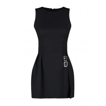 Kadın Moda Standart Kol Geniş Paça Bisiklet Yaka Kısa Mini Şort Etekli Kemer Detaylı Dokuma Tulum