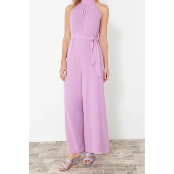 Kadın Moda Standart Kol Geniş Paça Halter Yaka Uzun Kuşaklı Maxi Şifon Astarlı Dokuma Tulum