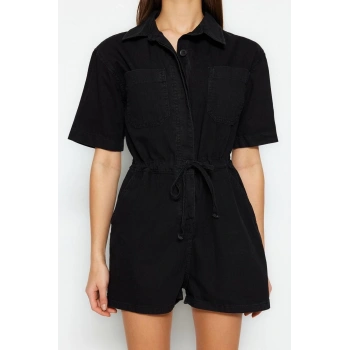 Kadın Moda Standart Kol Geniş Paça Gömlek Yaka Düz Desen Uzun Belden Bağlamalı Denim Tulum