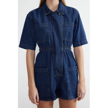 Kadın Moda Standart Kol Boru Paça Dik Yaka Düz Desen Kısa Beli Lastikli Denim Şort Tulum