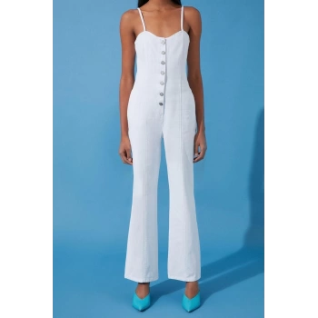 Kadın Moda İnce Askılı Boru Paça V Yaka Düz Desen Uzun Askılı Kalp Yaka Wide Leg Denim Tulum