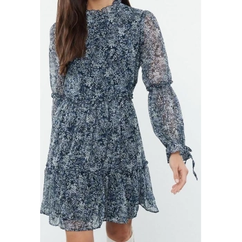 Moda Stil Regular Dik Yaka Mini Boy Düz Belden Açılan Büzgülü Astarlı Dokuma Kışlık Elbise