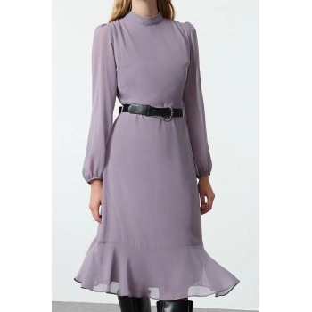 Moda Stil Regular Dik Yaka Midi Boy Düz Dokuma Kışlık Elbise