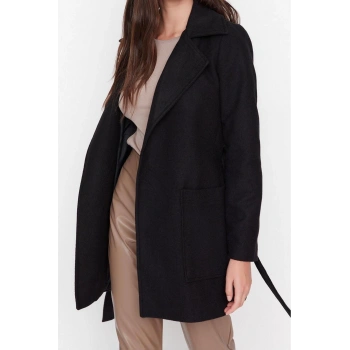 Tasarım Düz Astarlı Yaka Midi Fitted Ceket Kadın Fitted Kuşaklı Yünlü Kaşe Kaban