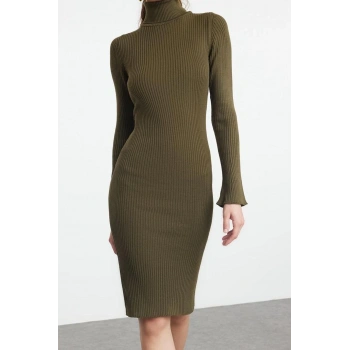 Moda Stil Slim Balıkçı Yaka Mini Boy Triko Kolları Volanlı Elbise