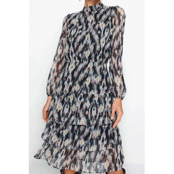 Moda Stil Regular Bisiklet Yaka Midi Boy Volanlı Dokuma Kışlık Elbise