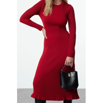 Moda Stil Slim Bisiklet Yaka Midi Boy Triko Elbise