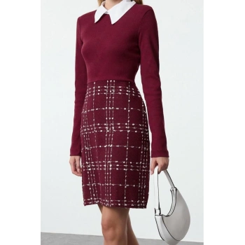 Moda Stil Regular Gömlek Yaka Mini Boy Ekose Kareli Dokuma Elbise