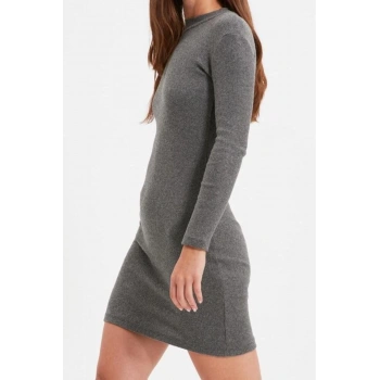 Moda Stil Slim Dik Yaka Mini Boy Vücuda Oturan Fitilli Esnek Örme Kalem Elbise