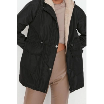 Tasarım Düz Astarlı Yaka Midi Regular Kapüşonlu Kadın Kapüşonlu İçi Kürklü Su İtici Parka Kaban