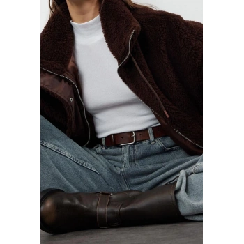 Tasarım Düz Astarlı Yaka Standart Oversize Dik Kadın Oversize Peluş Mont