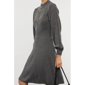 Moda Stil Regular Dik Yaka Mini Boy Triko Dantelli Elbise