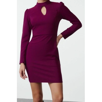 Moda Stil Regular Dik Yaka Mini Boy Dokuma Yaka Detaylı Dokuma Elbise