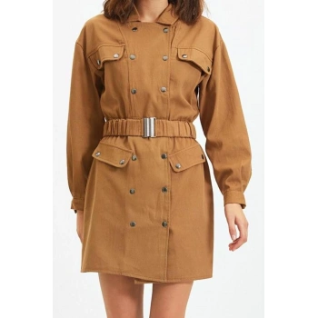 Moda Stil Regular Ceket Yaka Mini Boy Kemerli Dokuma Elbise