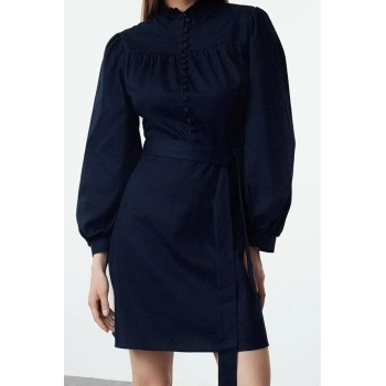 Moda Stil Regular Dik Yaka Mini Boy Dokuma Elbise