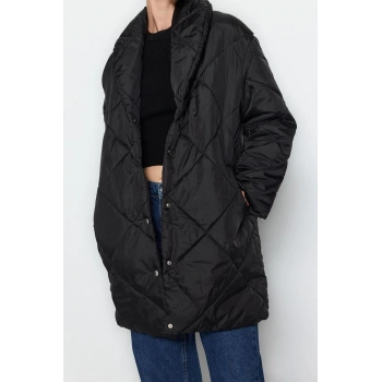 Tasarım Düz Astarlı Yaka Midi Oversize Ceket Kadın Oversize Kapitone Şişme Mont