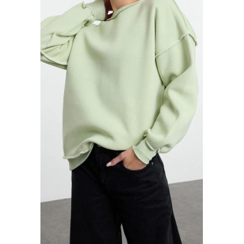 Bol Bisiklet Yaka Düşük Kol Uzun Normal Kalıp Karyoka Dikişli Kalın Polarlı Örme Sweatshirt